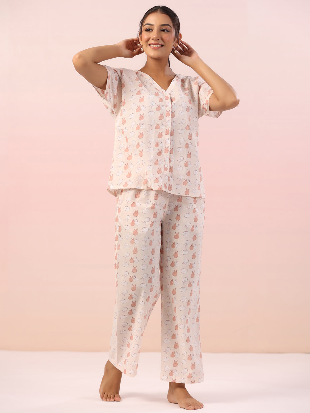 Pink Animal Print Cotton Night Suit