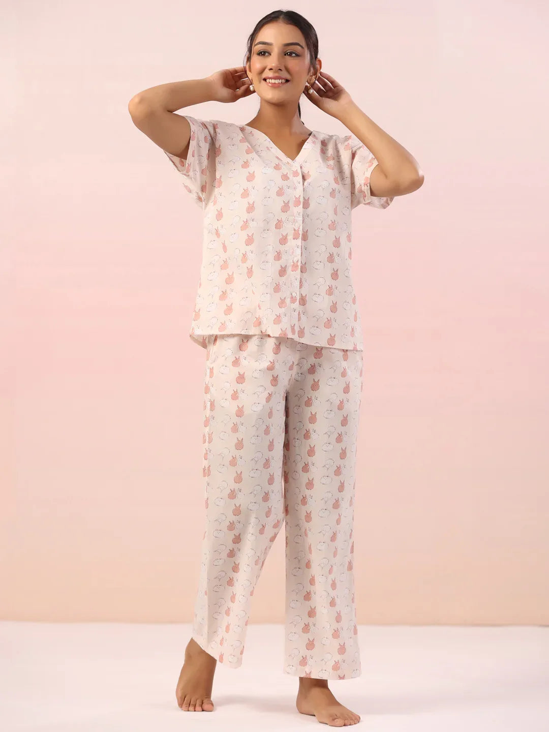 Pink Animal Print Cotton Night Suit - SanskrutiHomes