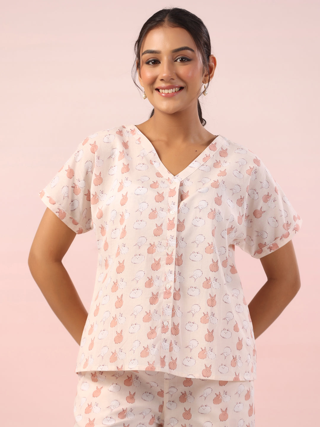 Pink Animal Print Cotton Night Suit
