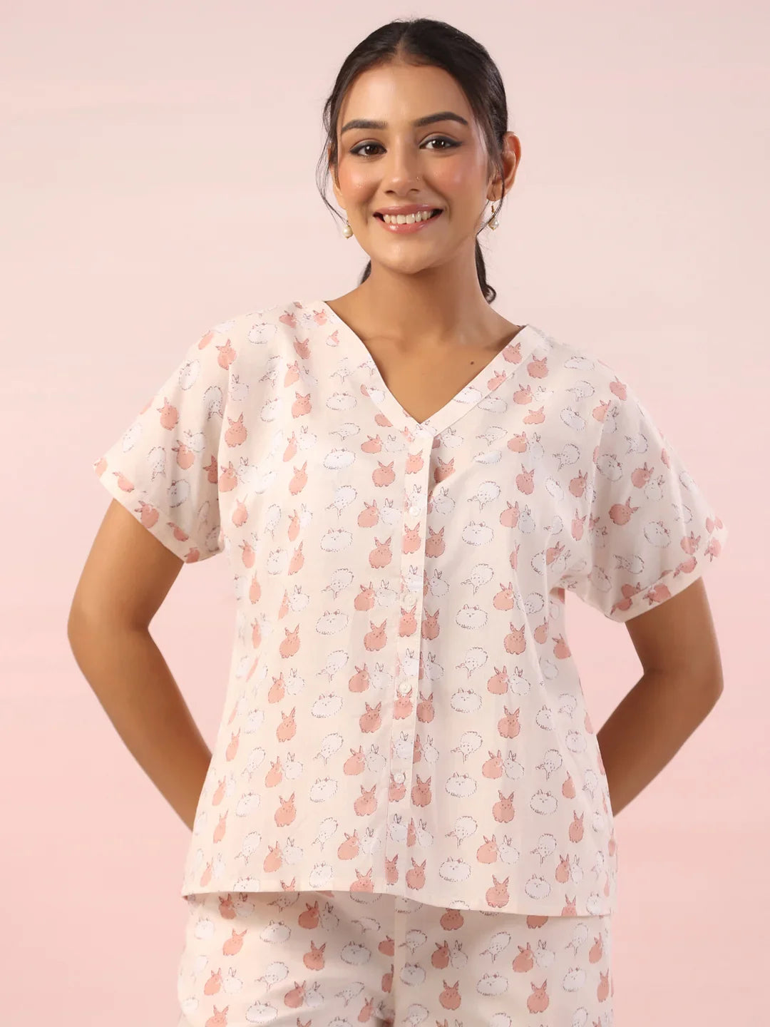 Pink Animal Print Cotton Night Suit - SanskrutiHomes