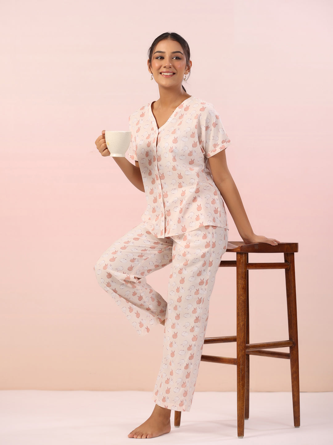 Pink Animal Print Cotton Night Suit