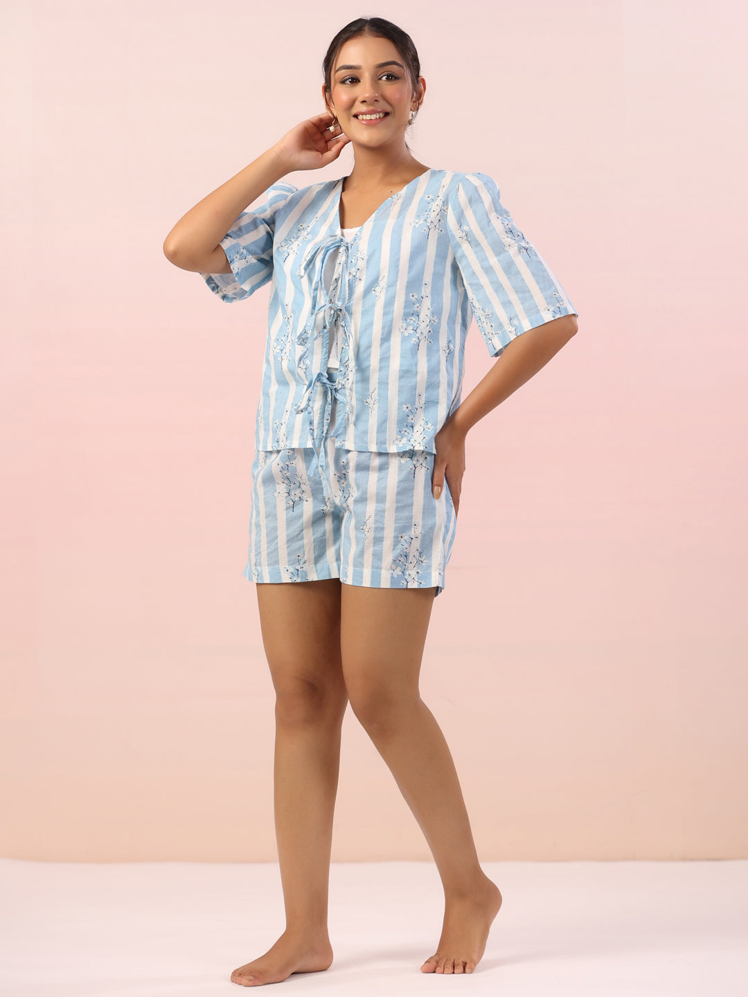 Blue Striped Printed Cotton Night Suit Shorts Set