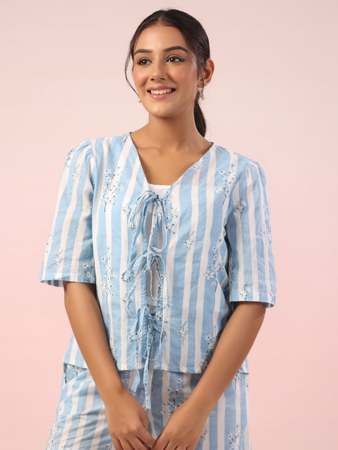 Blue Striped Printed Cotton Night Suit Shorts Set