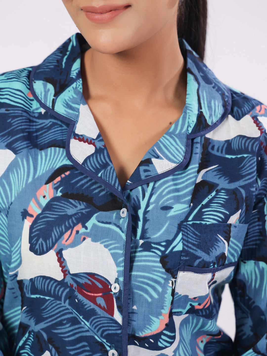 Blue Flower Printed Night Suit Set For Women