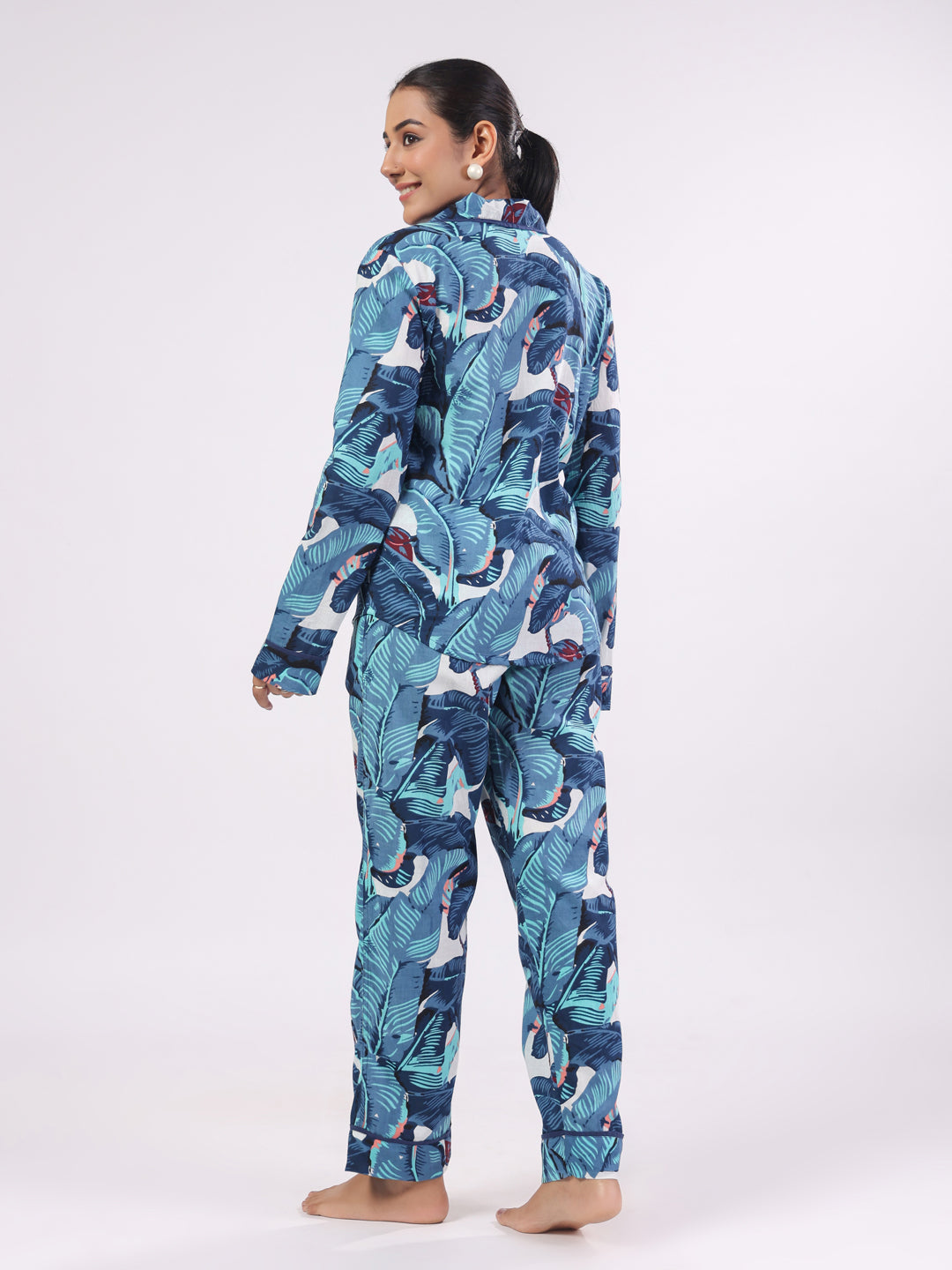 Blue Flower Printed Night Suit Set For Women