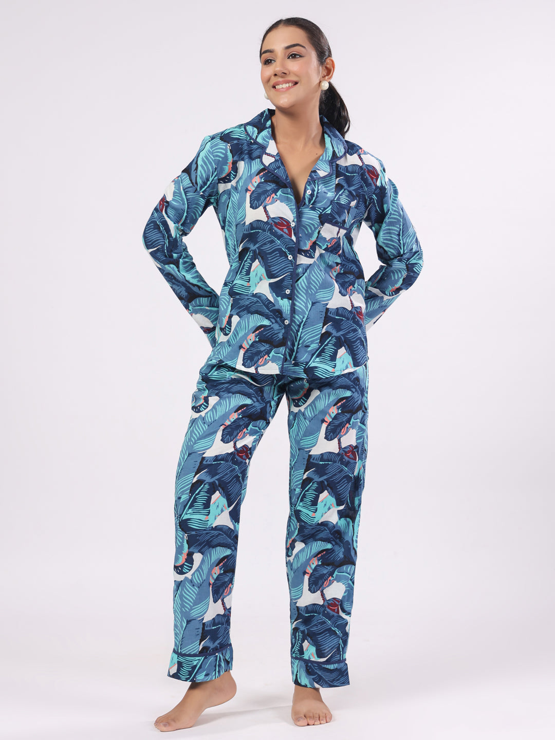 Blue Flower Printed Night Suit Set For Women