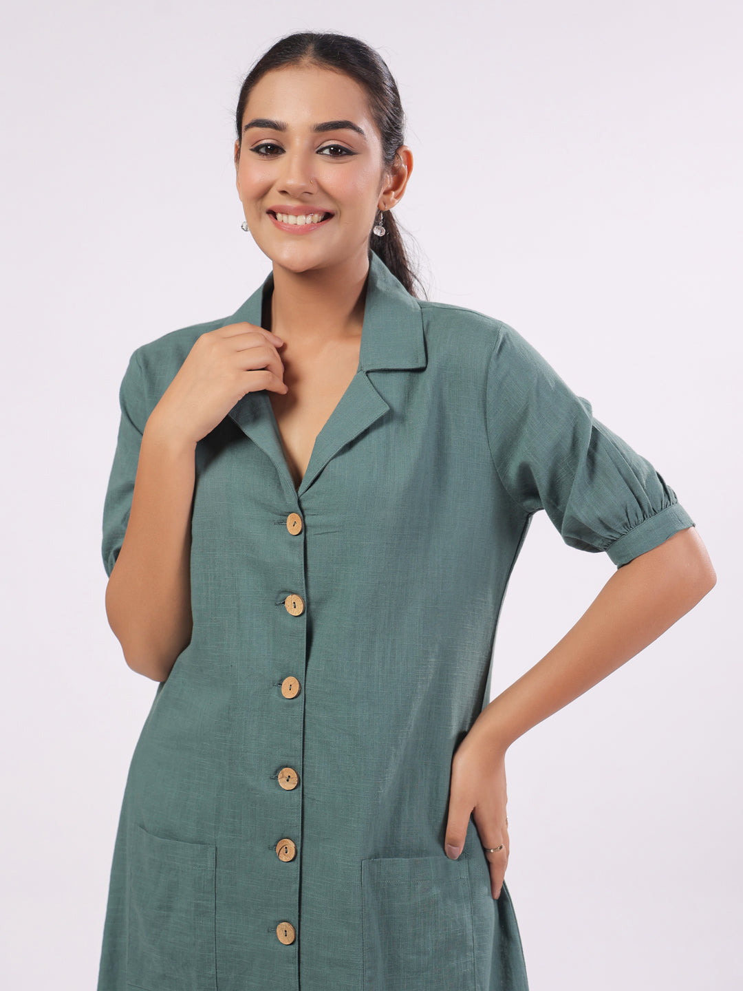 Women's Cotton Blend Dark Green Solid Print Night Suits