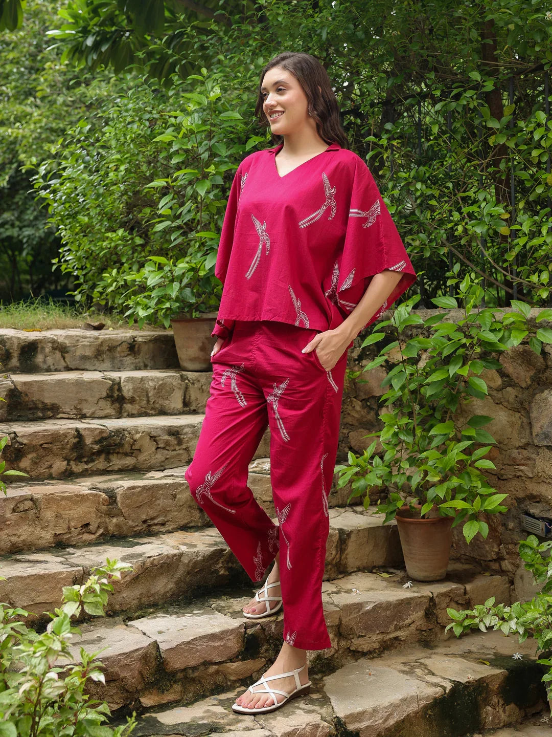 Pink Printed Cotton Night Suit Set - SanskrutiHomes