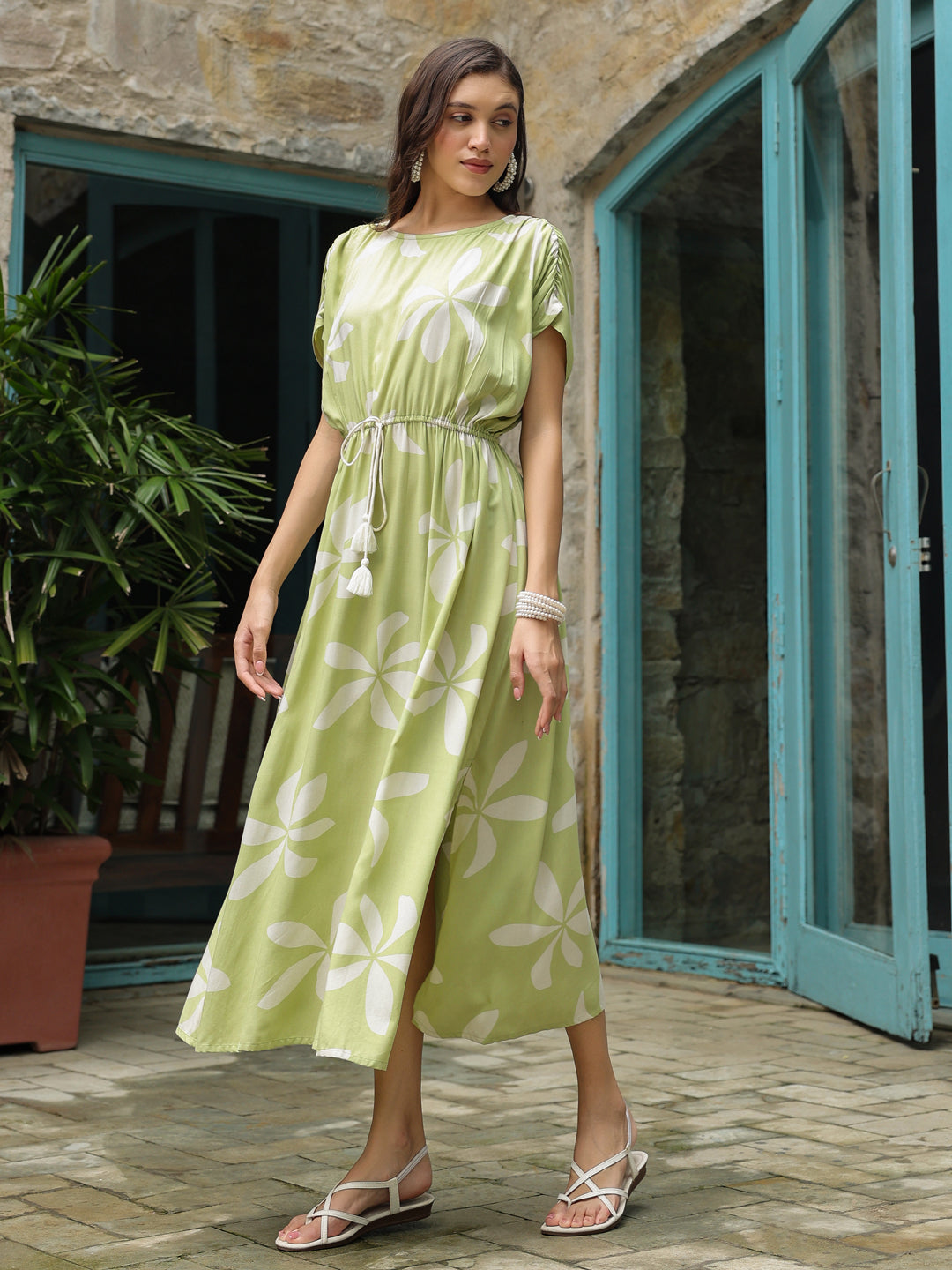 Green Cotton Printed Kaftan Night Dress