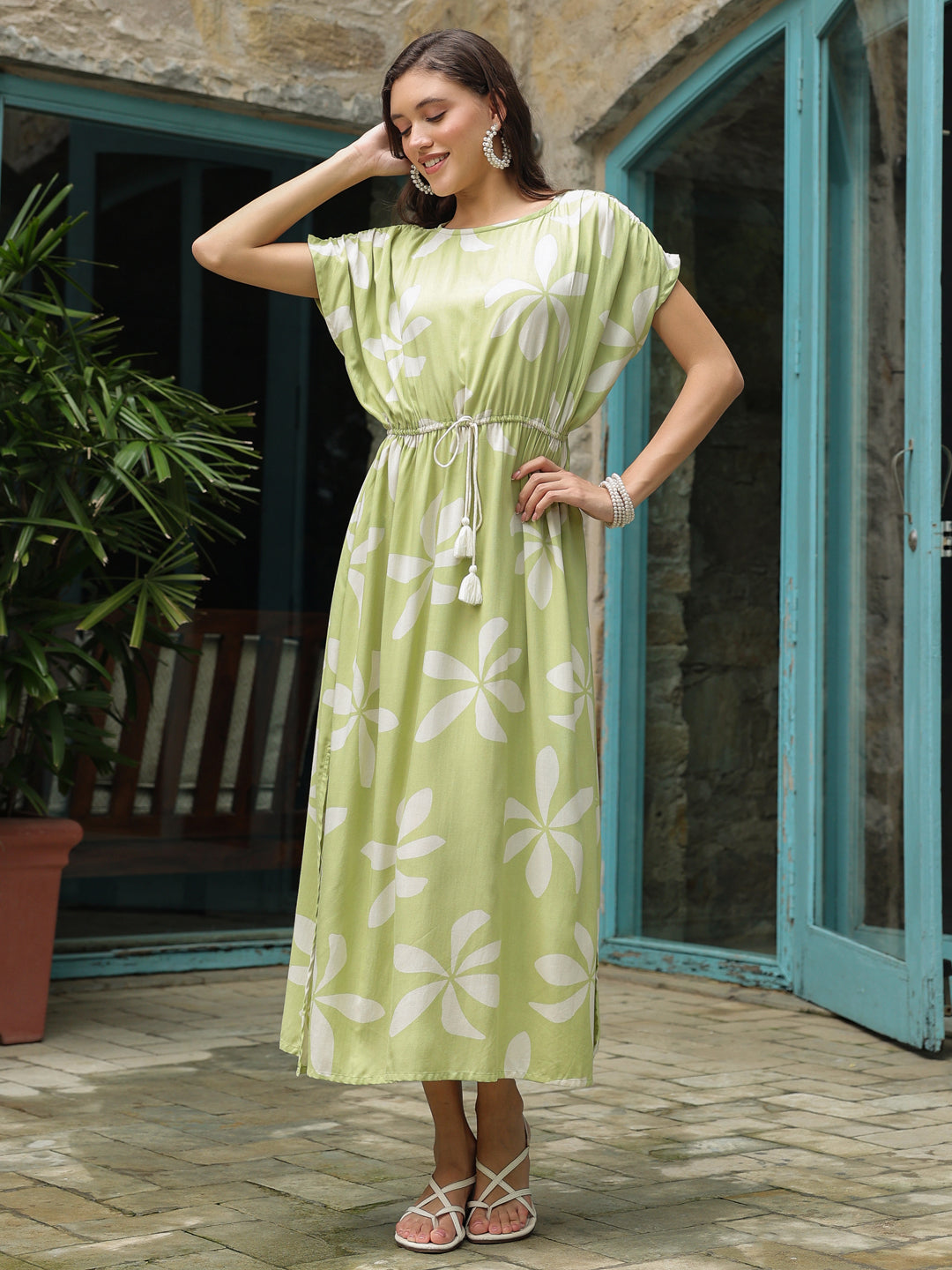 Green Cotton Printed Kaftan Night Dress
