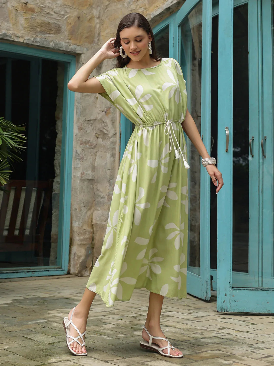 Green Cotton Printed Kaftan Night Dress - SanskrutiHomes
