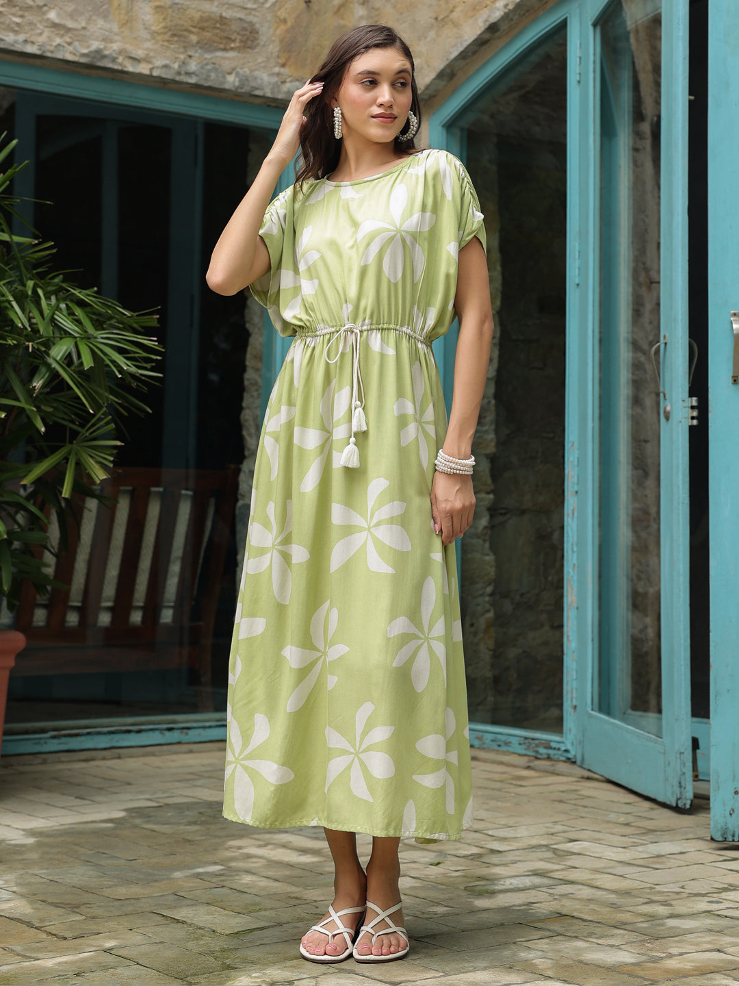 Green Cotton Printed Kaftan Night Dress