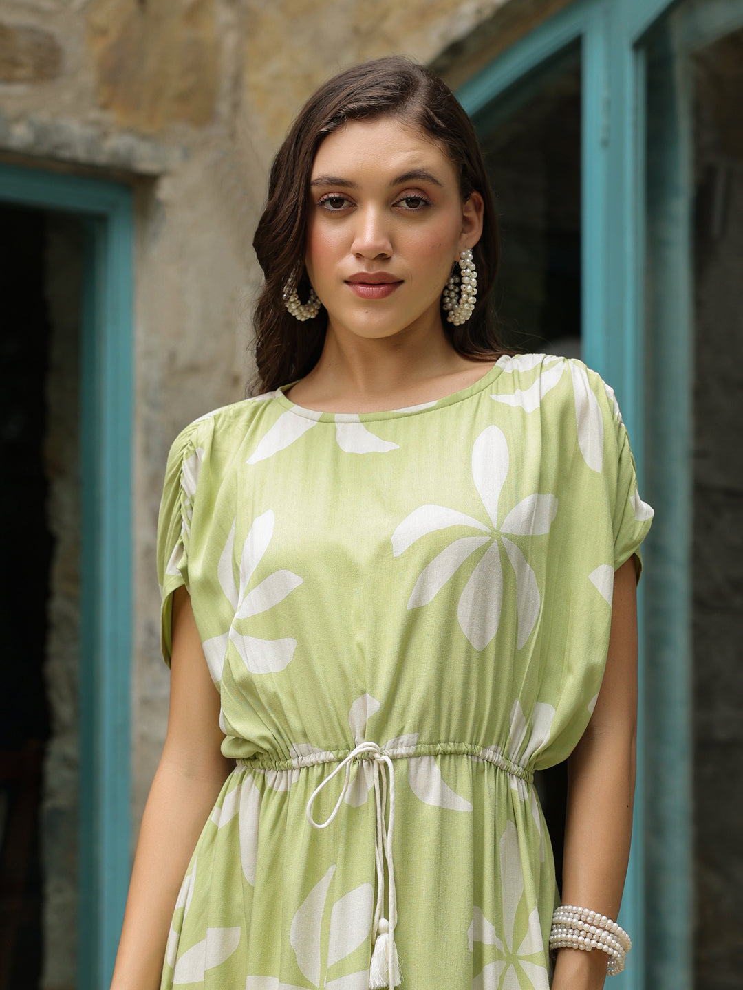 Green Cotton Printed Kaftan Night Dress