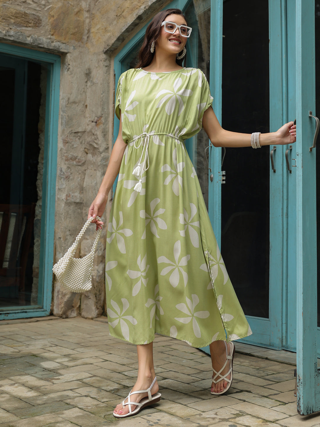 Green Cotton Printed Kaftan Night Dress