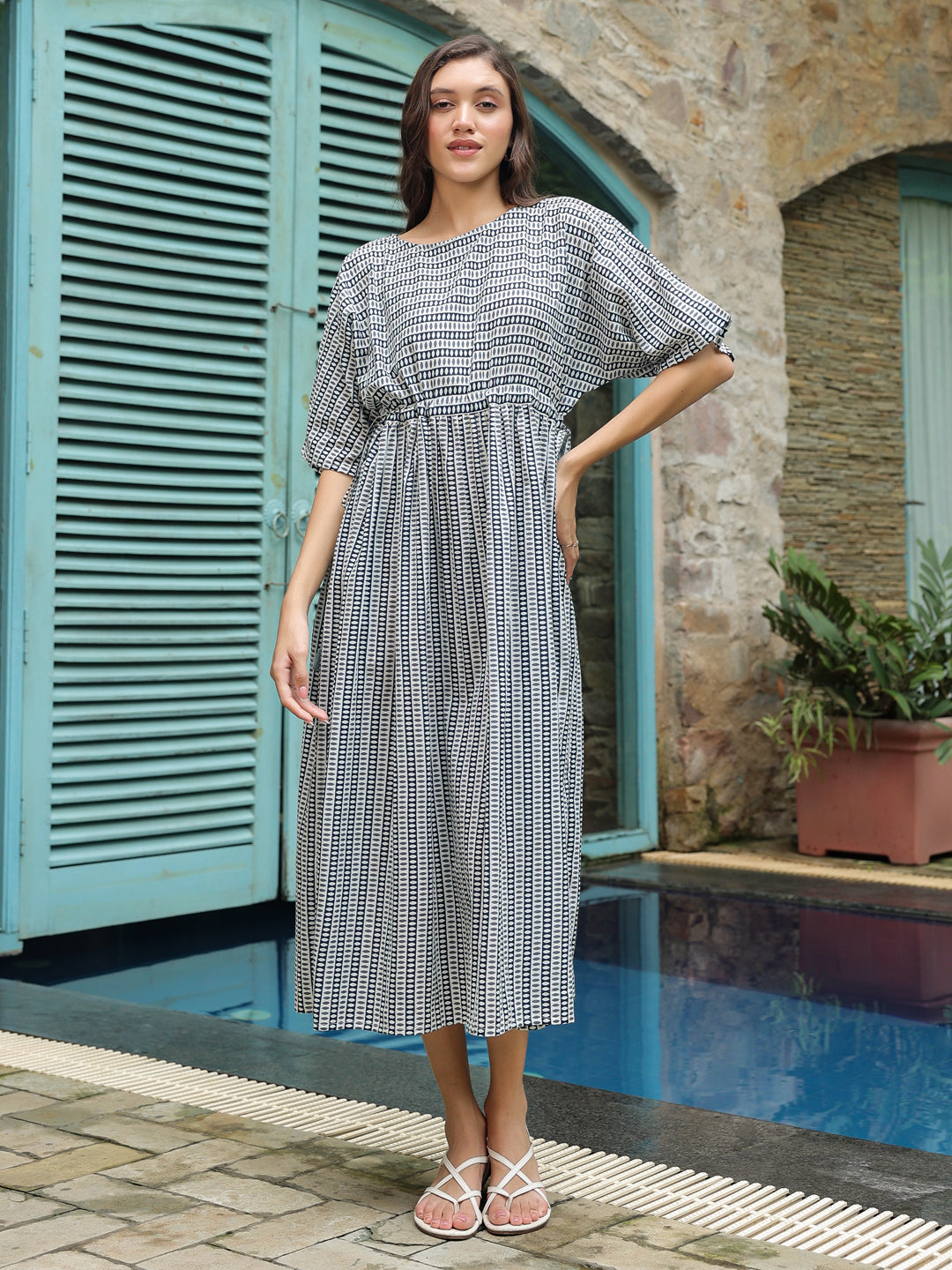 Blue Cotton Printed Night Dress