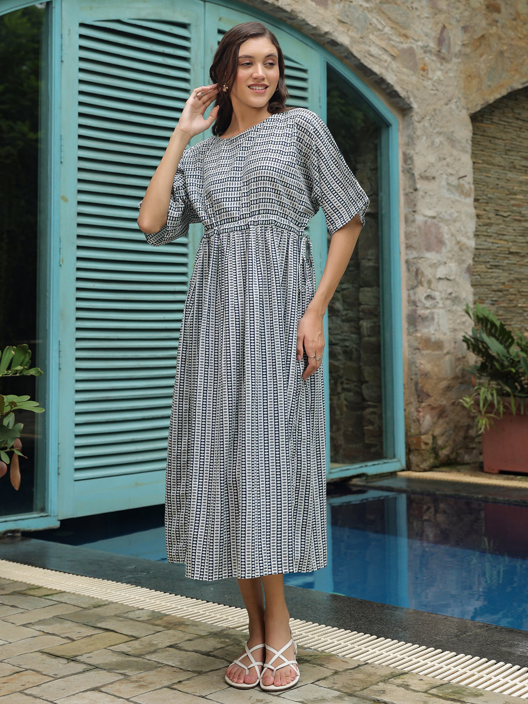 Blue Cotton Printed Night Dress