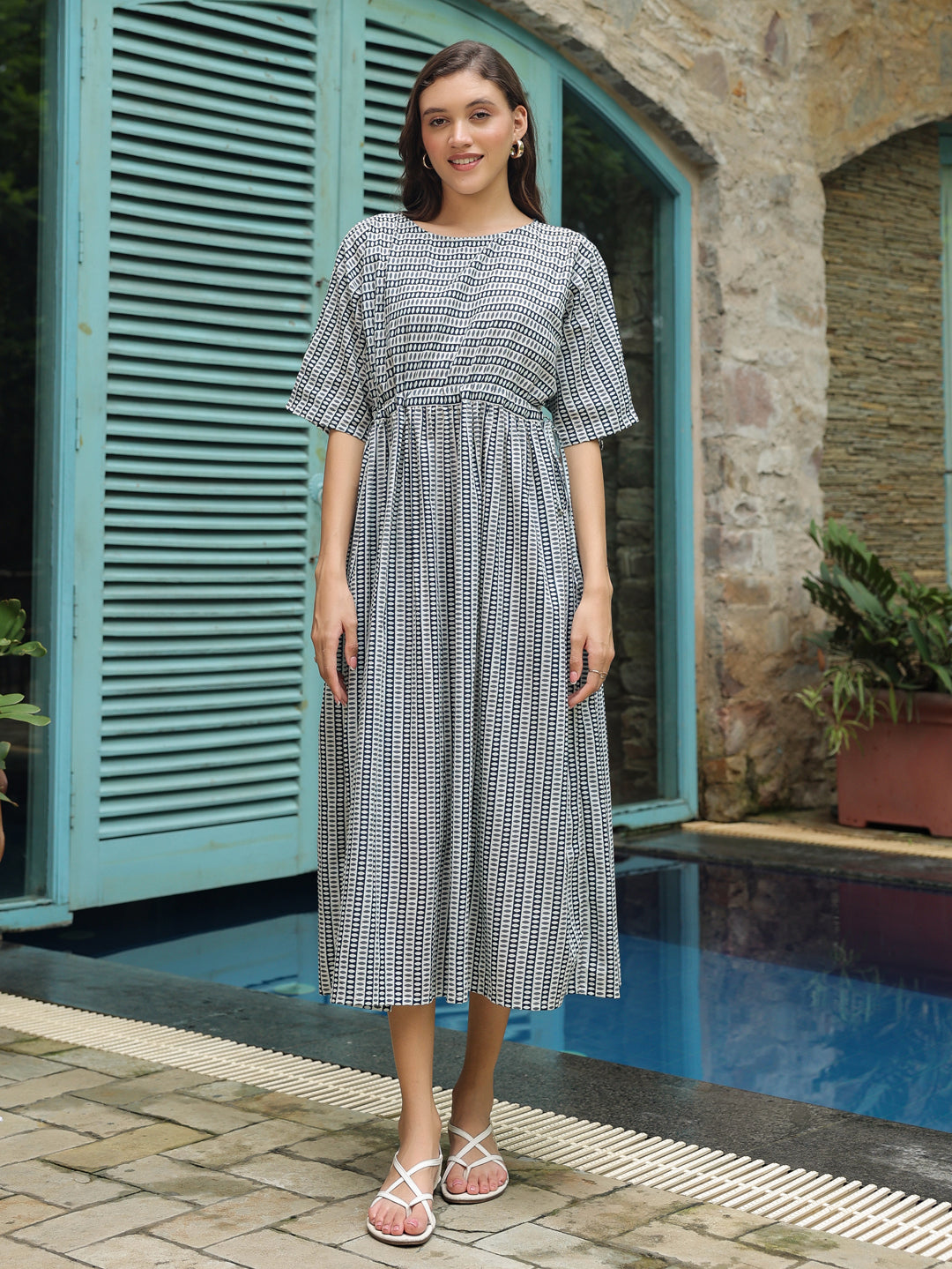 Blue Cotton Printed Night Dress