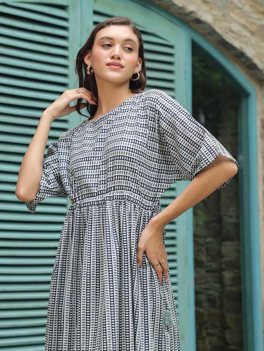 Blue Cotton Printed Night Dress