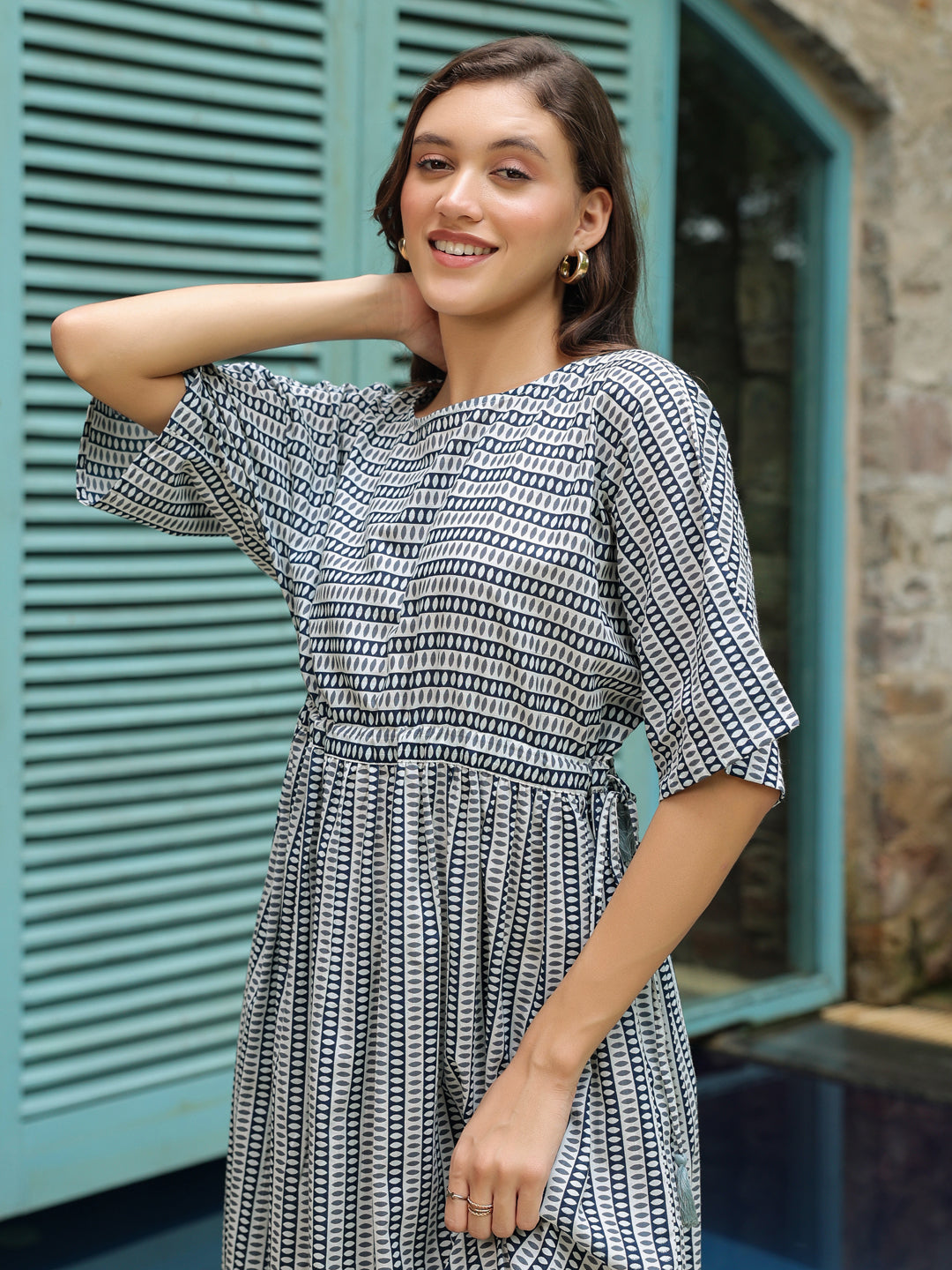 Blue Cotton Printed Night Dress