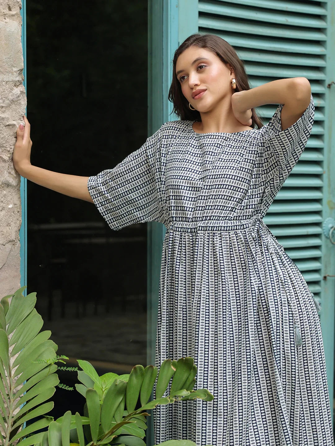 Blue Cotton Printed Night Dress - SanskrutiHomes