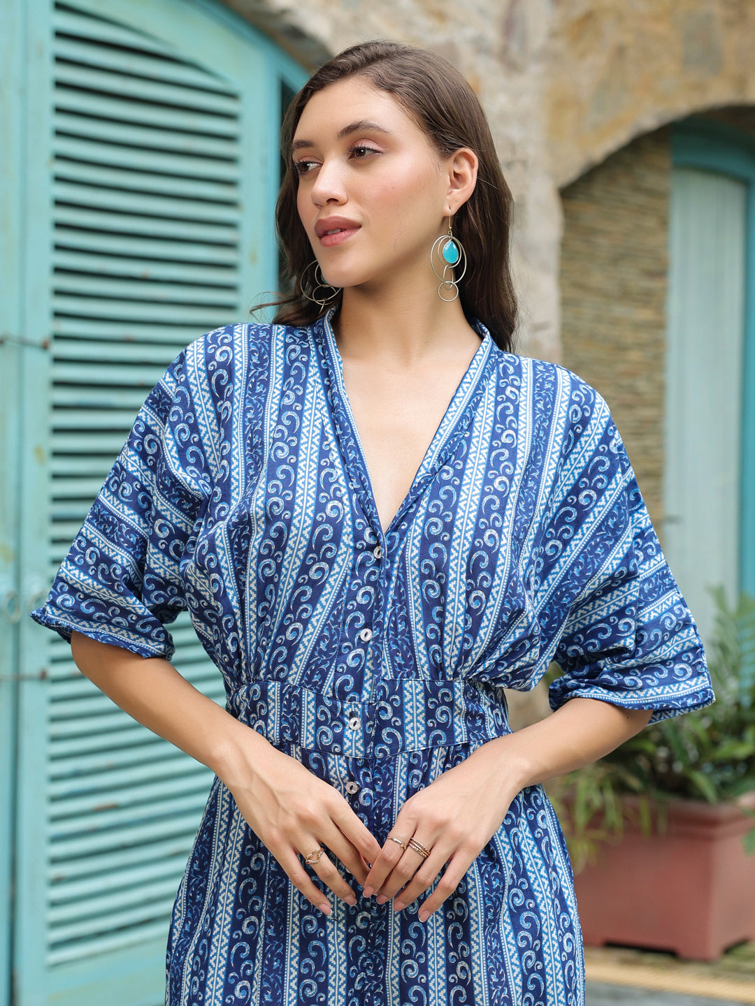 Blue Printed Cotton Jumpsuit for Women
