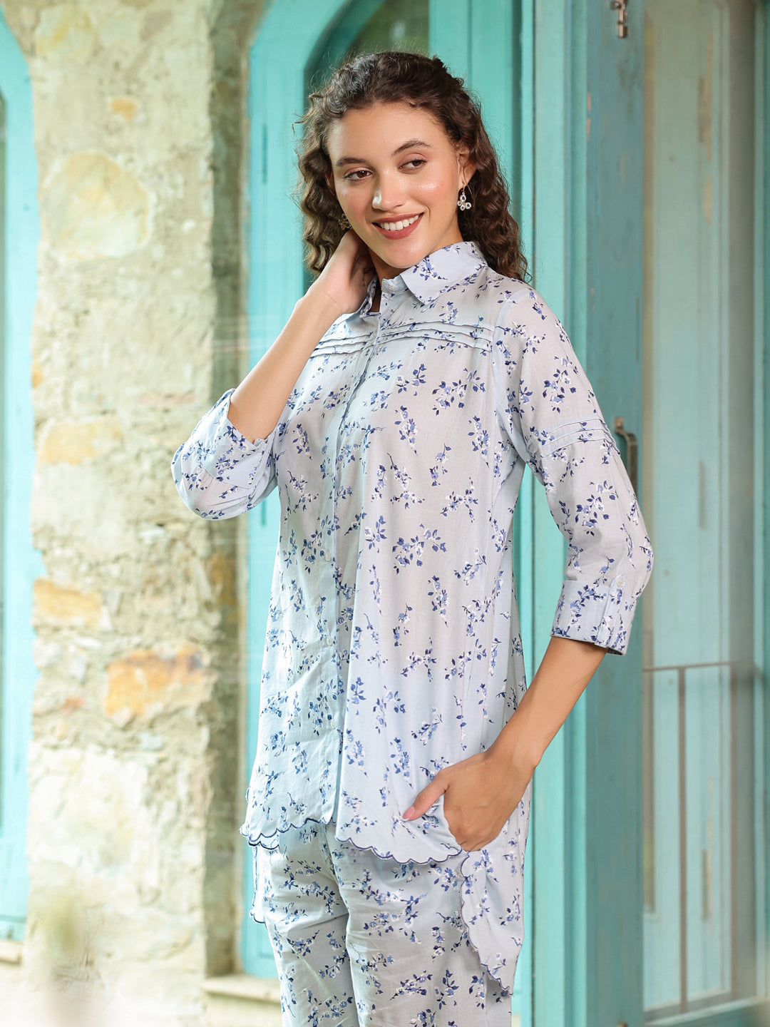 Floral Printed Cotton Night Suit Set - SanskrutiHomes
