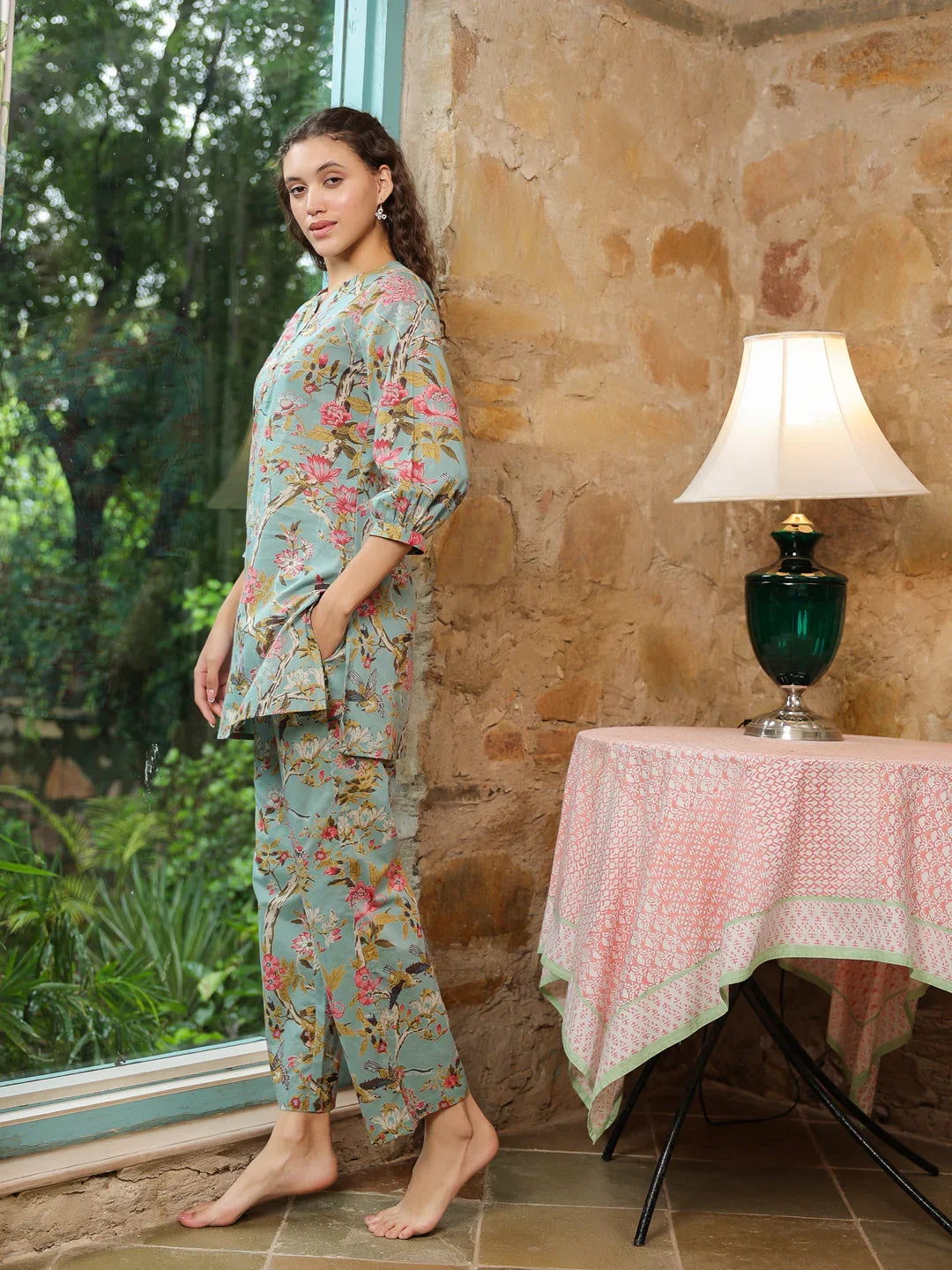 Green Flower Printed Night Suit - SanskrutiHomes