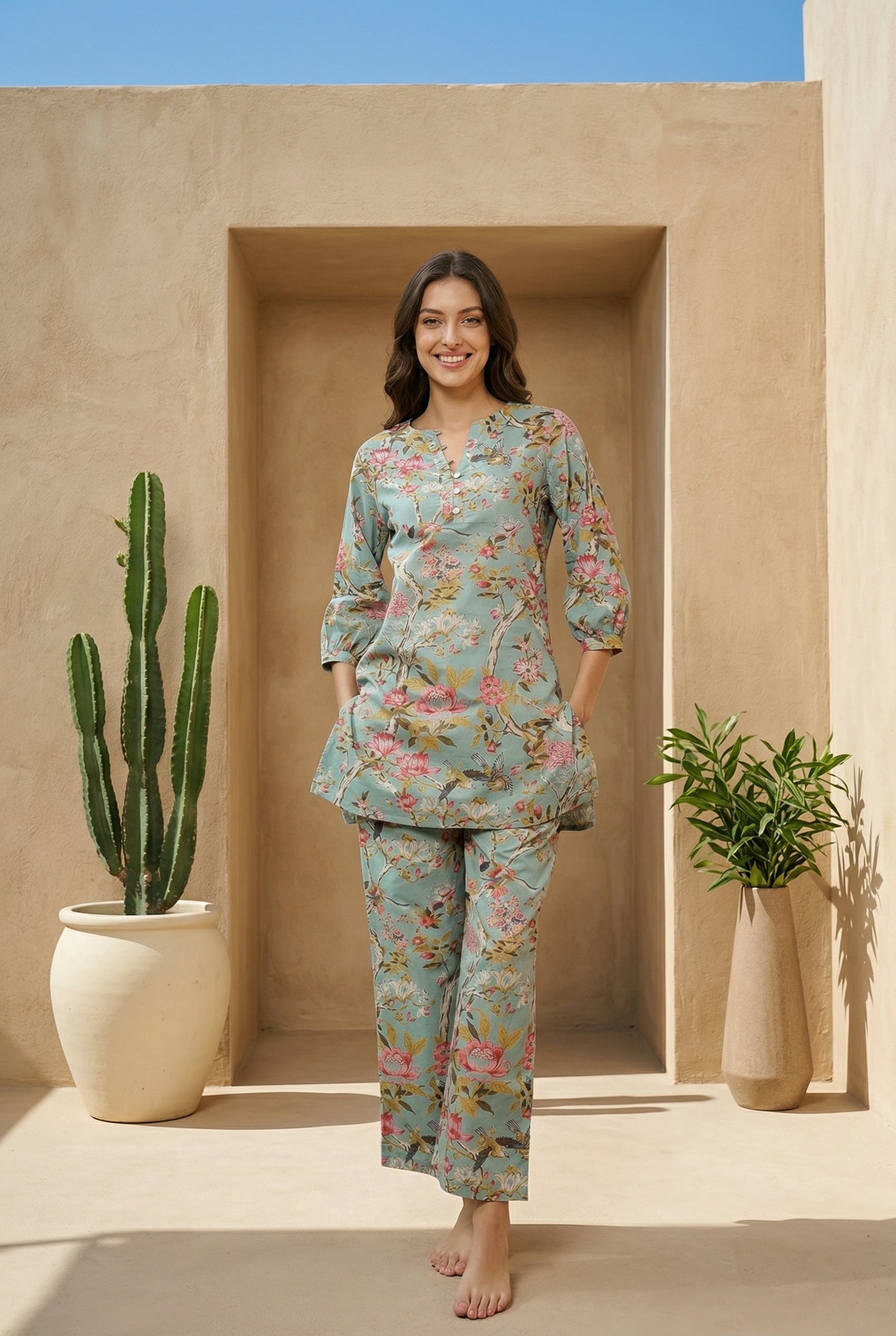 Green Floral Print Mandarin Neck Pure Cotton Night Suit For Women
