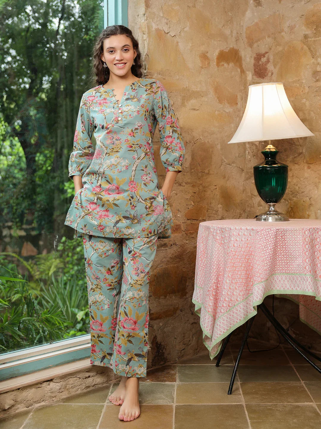 Green Flower Printed Night Suit - SanskrutiHomes