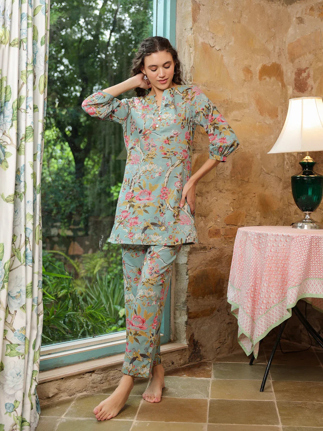 Green Flower Printed Night Suit - SanskrutiHomes