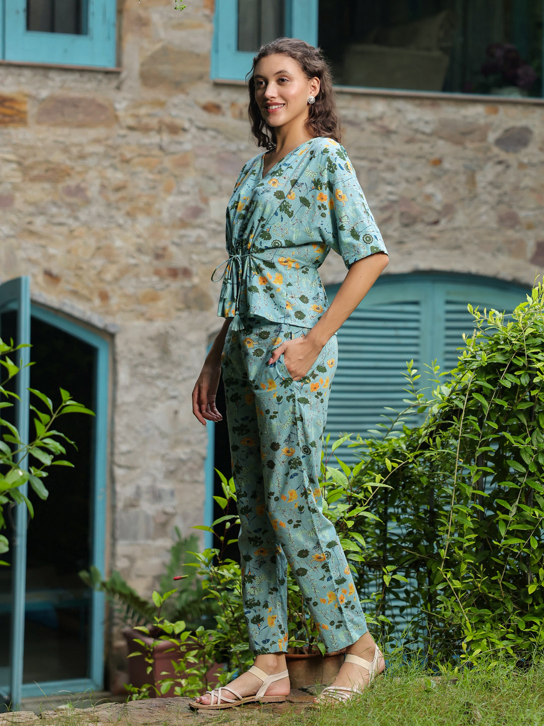 Green Floral Printed Cotton Night Suit Set