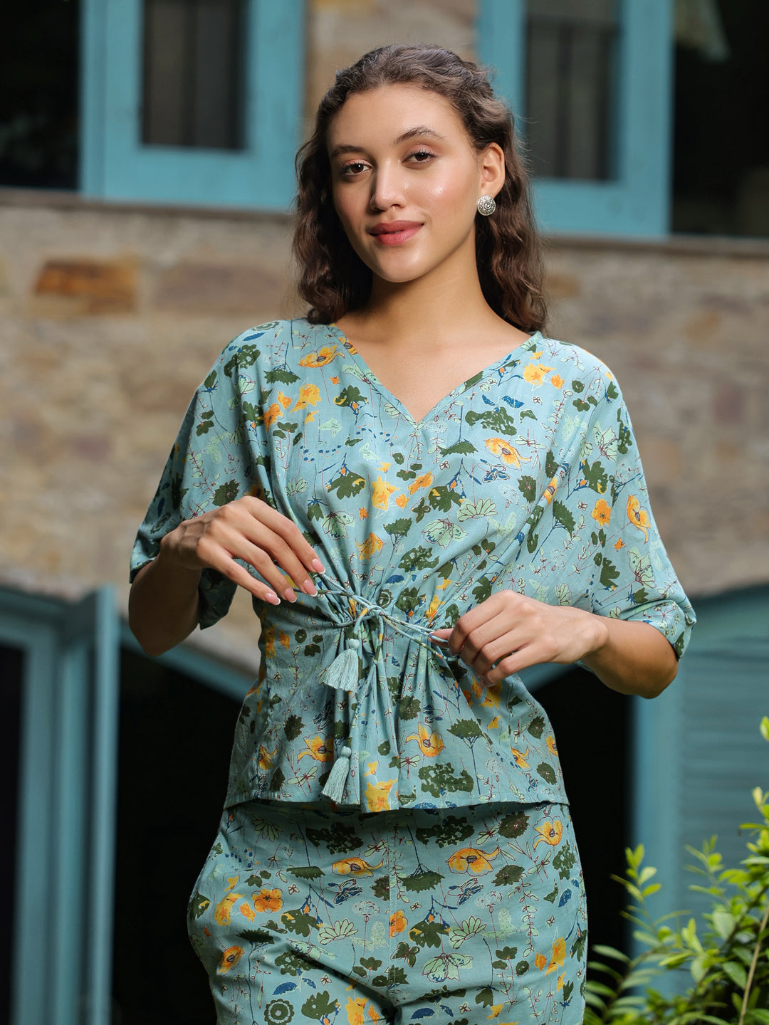 Green Floral Printed Cotton Night Suit Set