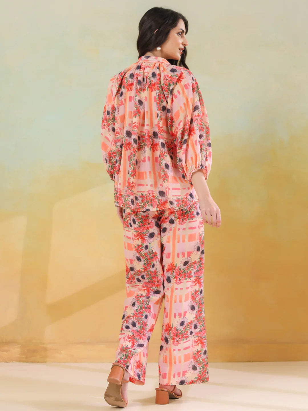 Red Linen Printed Shirt Collar Co-Ord Set for Women - SanskrutiHomes