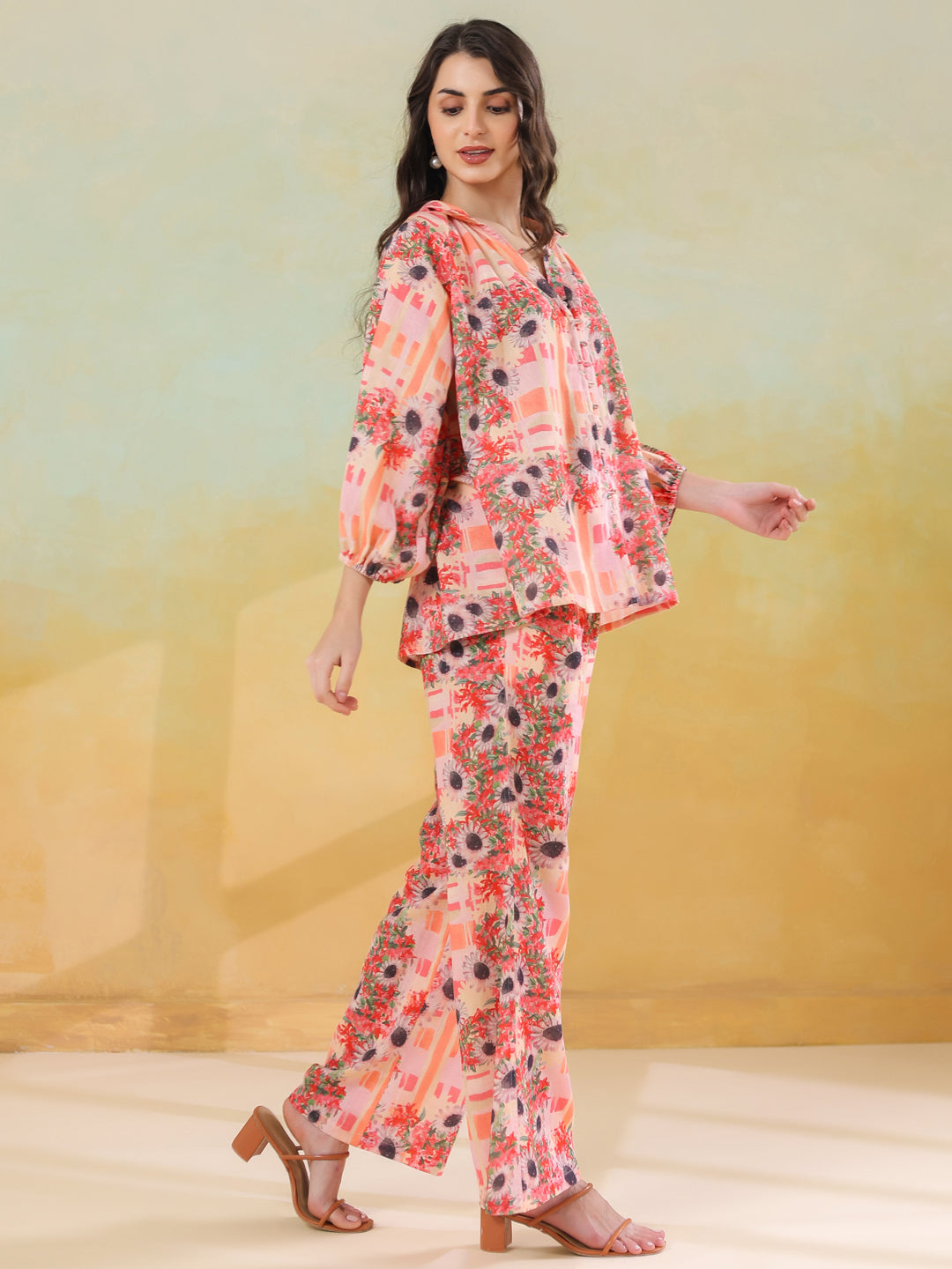 Red Linen Printed Shirt Collar Co-Ord Set for Women