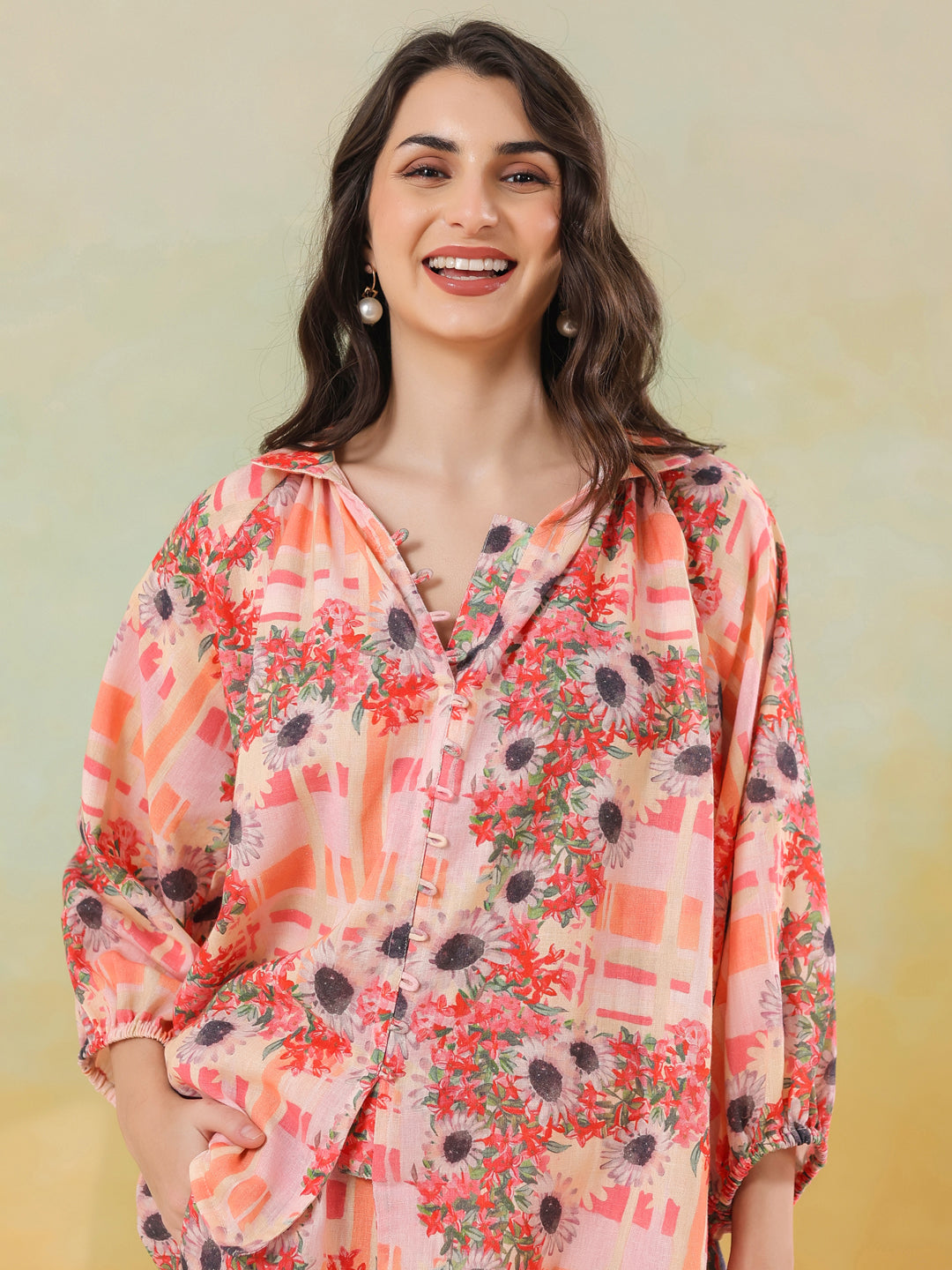 Red Linen Printed Shirt Collar Co-Ord Set for Women