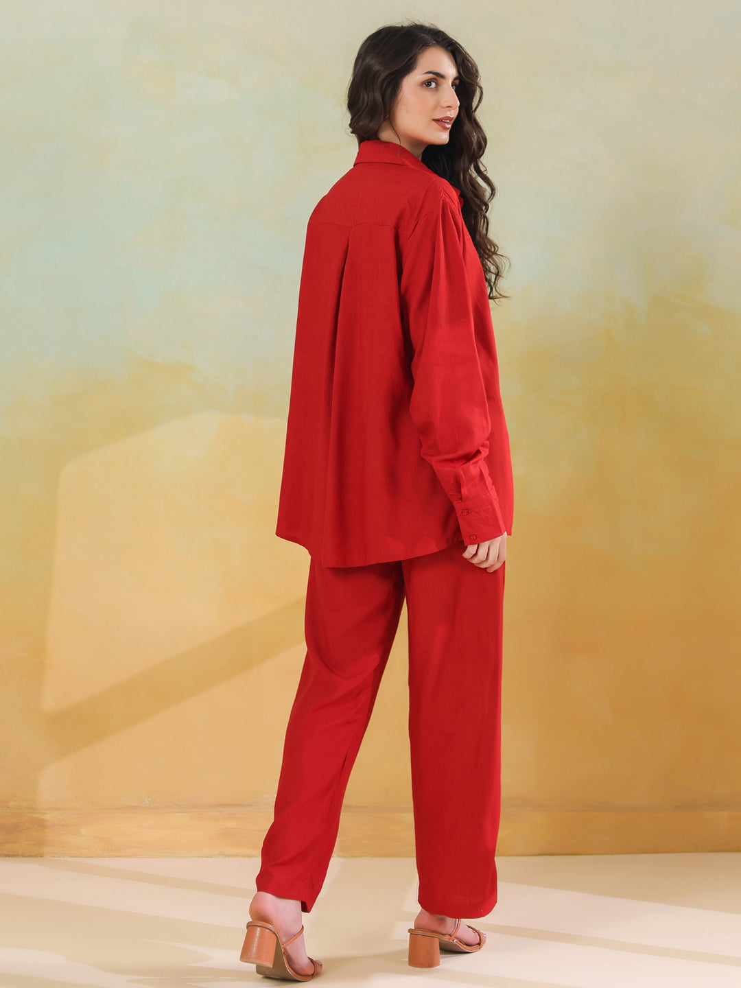 Red Solid Shirt Collar Co-ords Set for Women - SanskrutiHomes