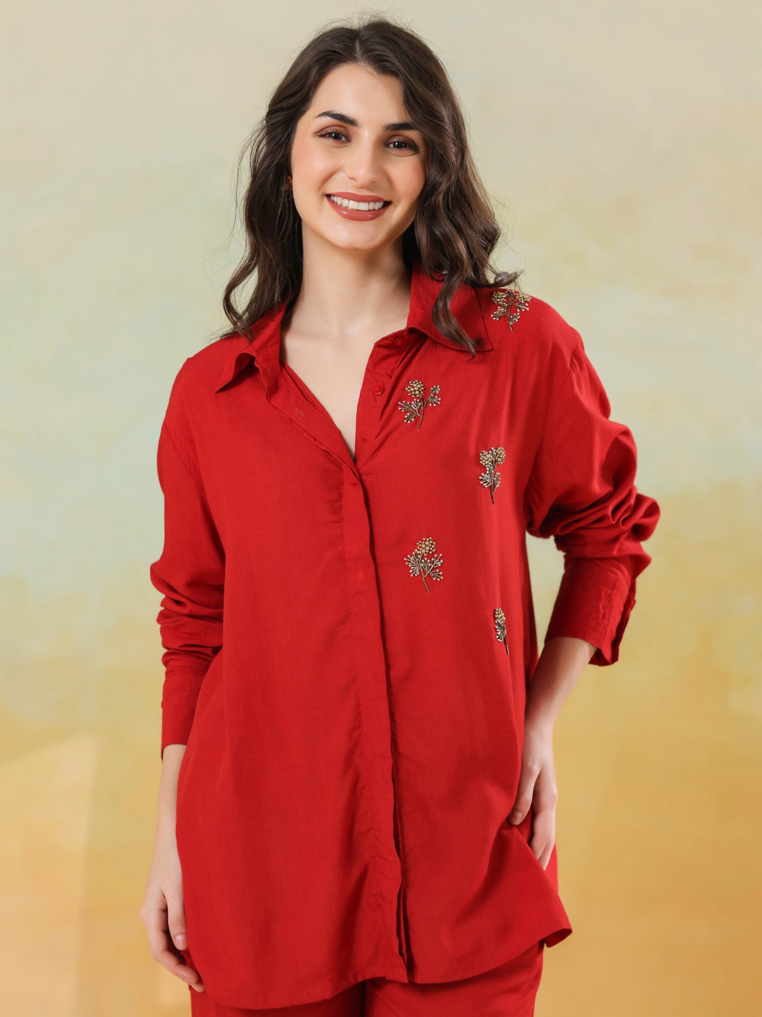 Red Solid Shirt Collar Co-ords Set for Women - SanskrutiHomes