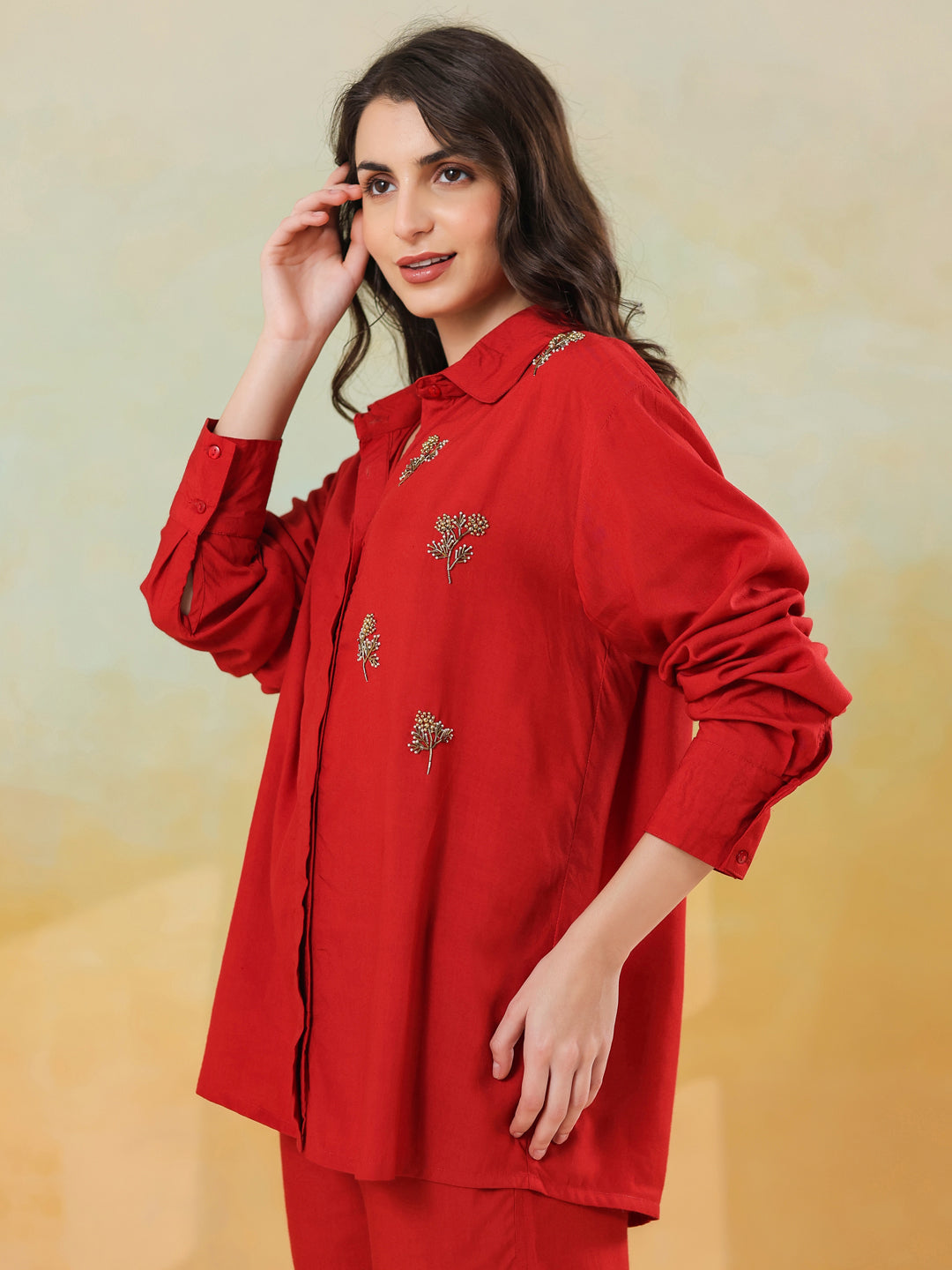 Red Solid Shirt Collar Co-ords Set for Women - SanskrutiHomes