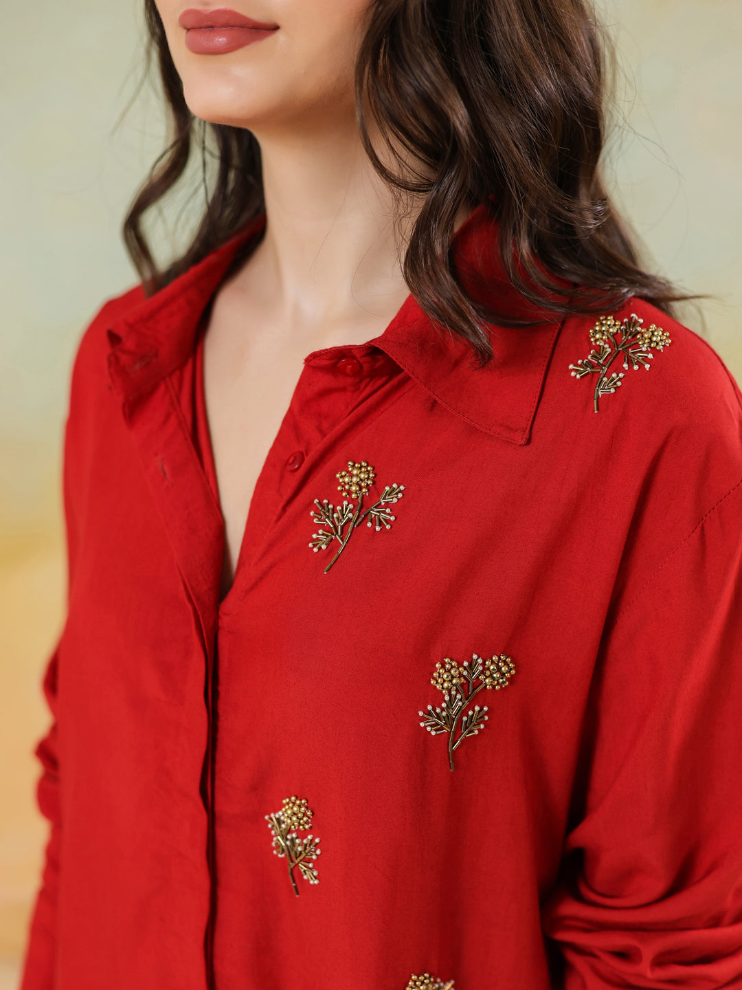 Red Solid Shirt Collar Co-ords Set for Women - SanskrutiHomes