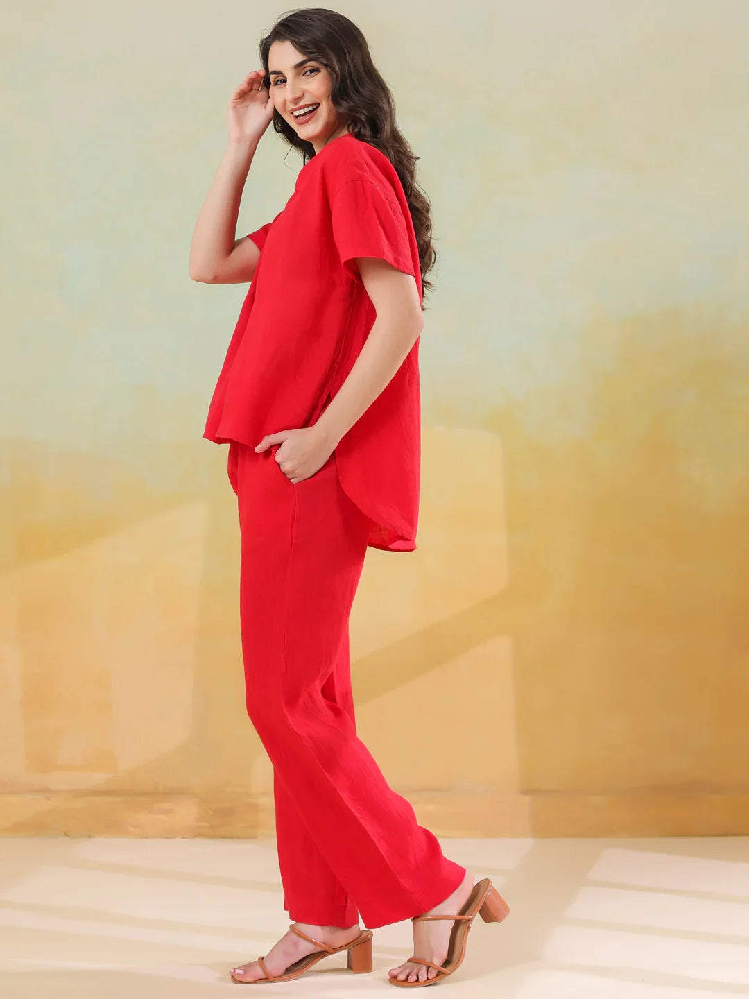 Red Solid Shirt Collar Co-ords Set for Women and Girls - SanskrutiHomes