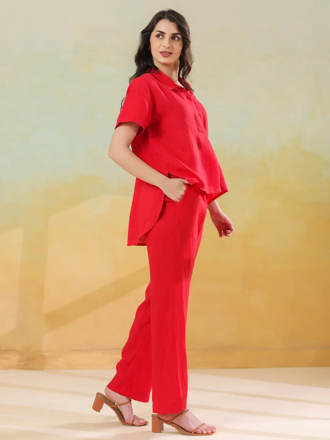 Red Solid Shirt Collar Co-ords Set for Women and Girls - SanskrutiHomes