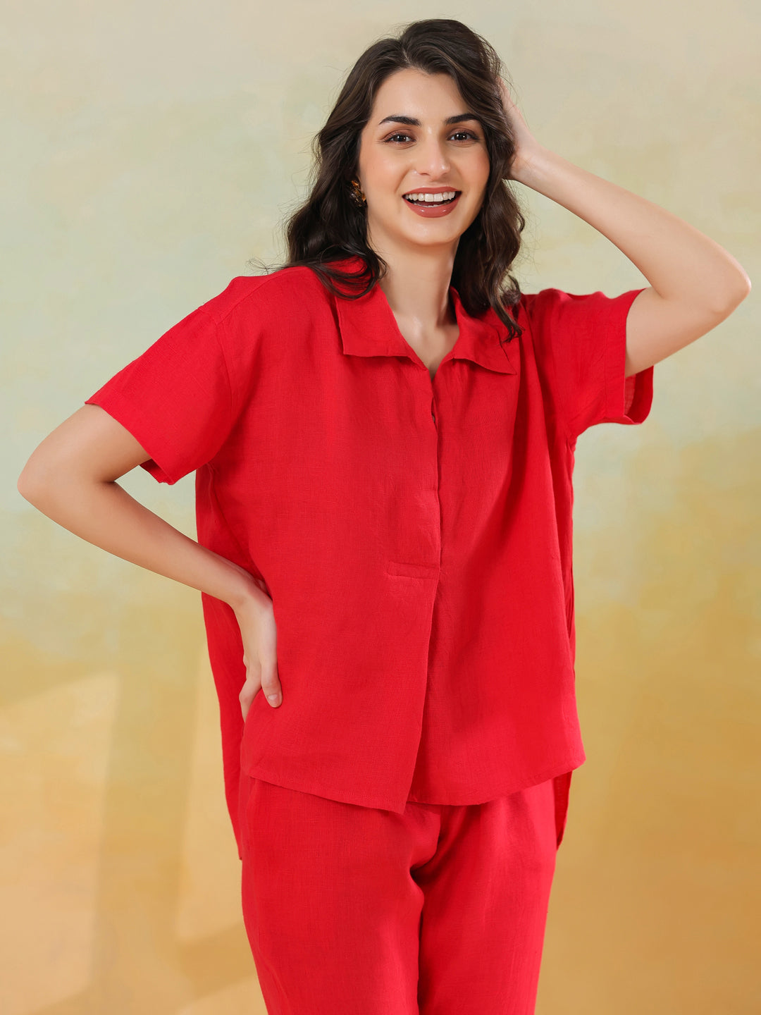 Red Solid Shirt Collar Co-ords Set for Women and Girls