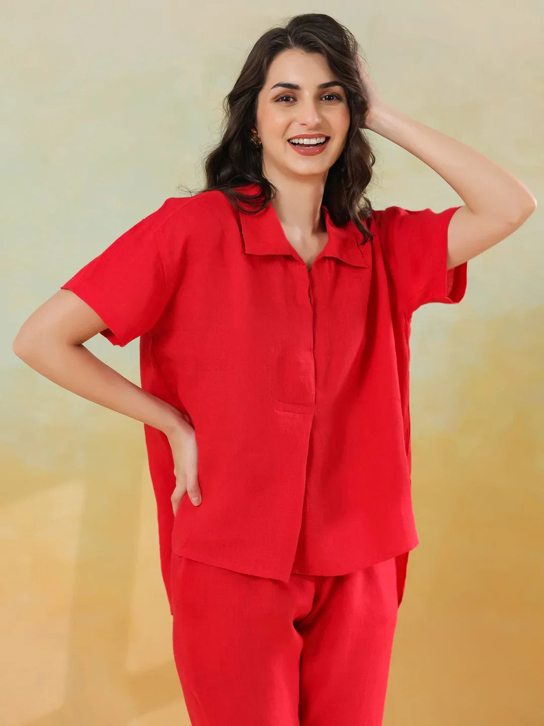 Red Solid Shirt Collar Co-ords Set for Women and Girls - SanskrutiHomes