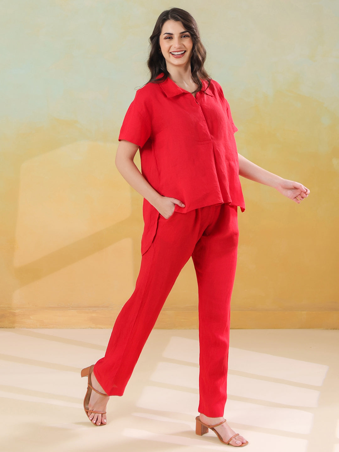 Red Solid Shirt Collar Co-ords Set for Women and Girls