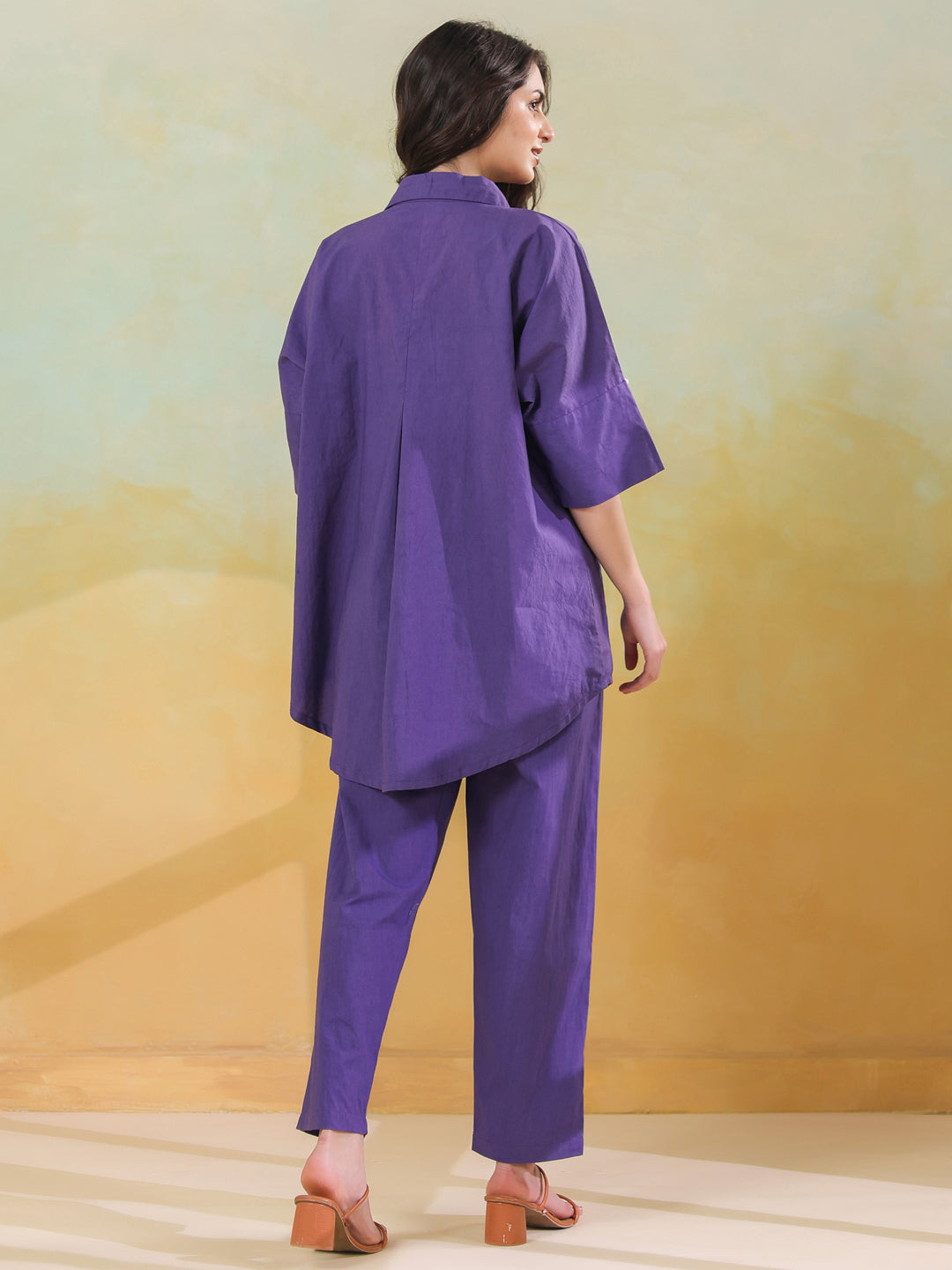 Purple Color Shirt Collar Pure Cotton Co-ords Set for Women