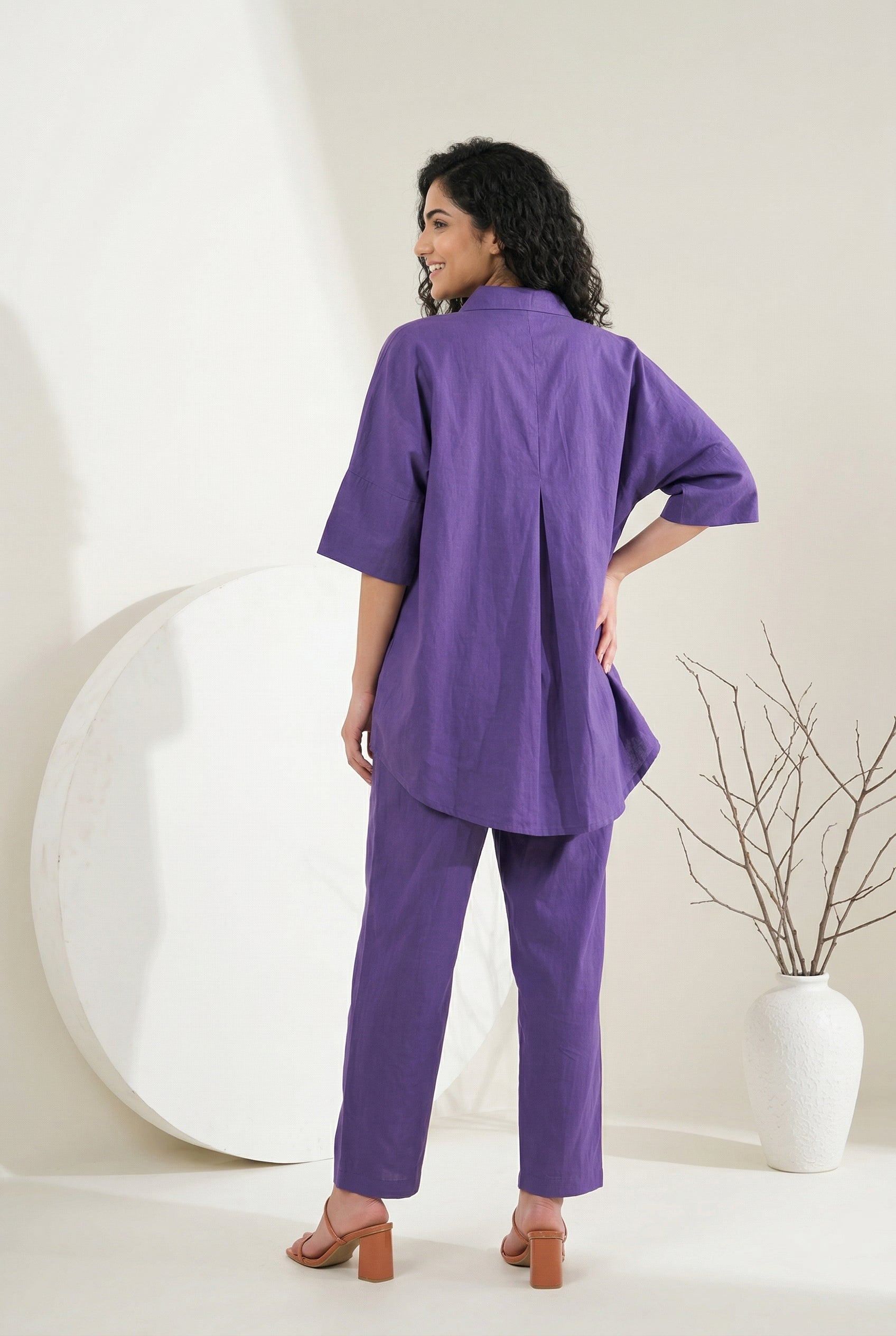 Purple Color Shirt Collar Solid Pure Cotton Co-Ord Set For Women