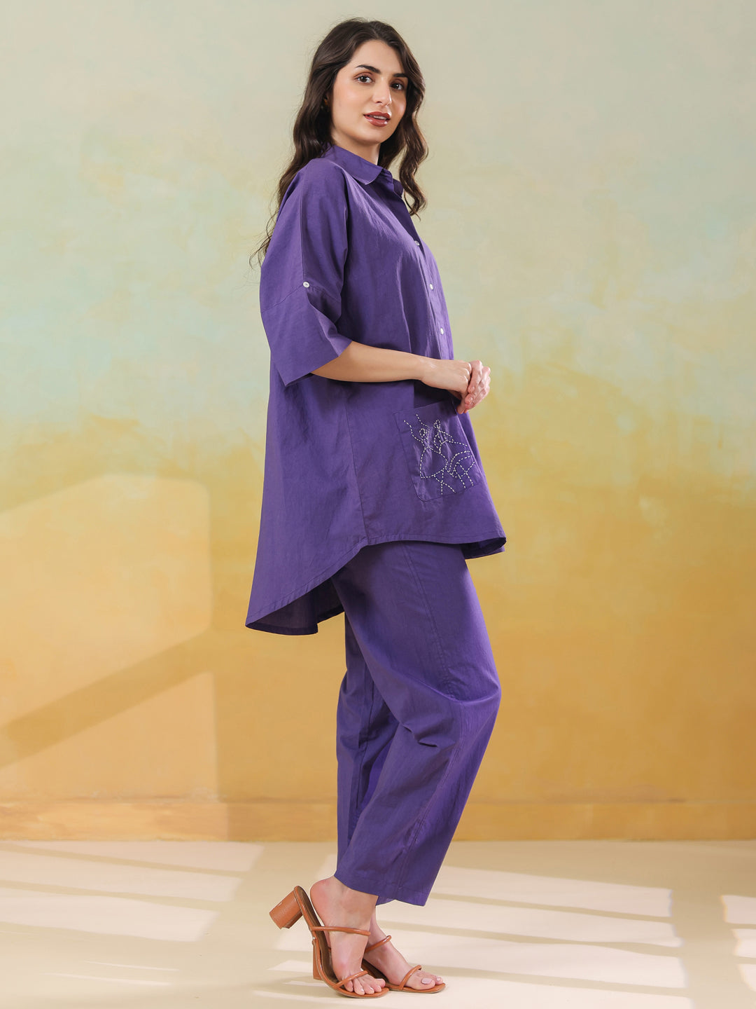 Purple Color Shirt Collar Pure Cotton Co-ords Set for Women