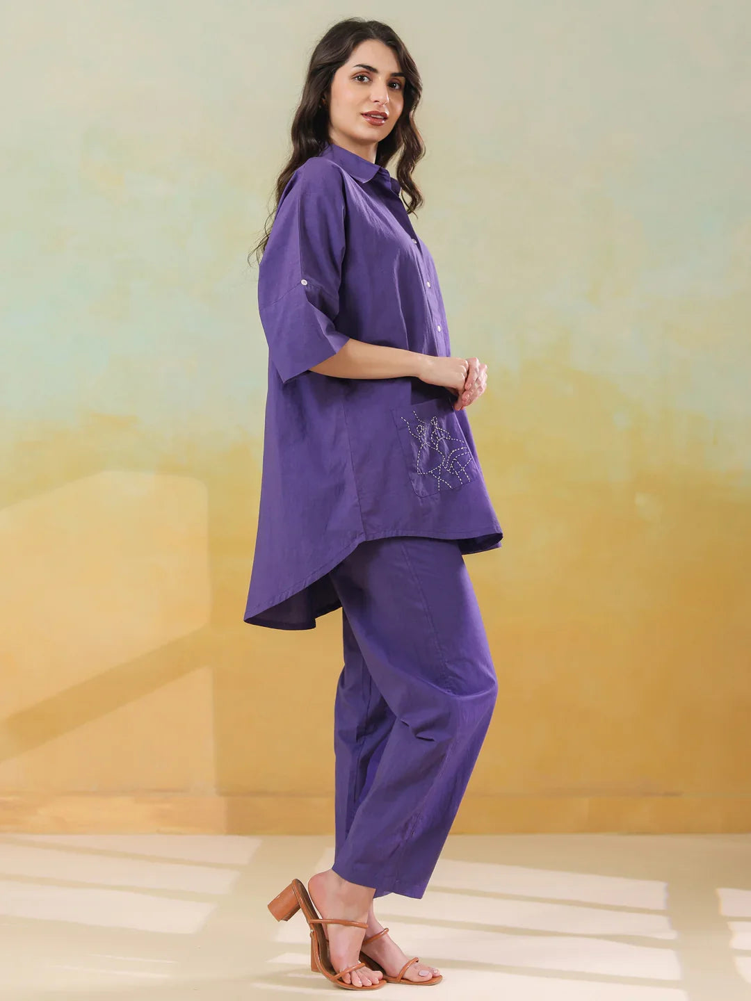 Purple Color Shirt Collar Pure Cotton Co-ords Set for Women - SanskrutiHomes