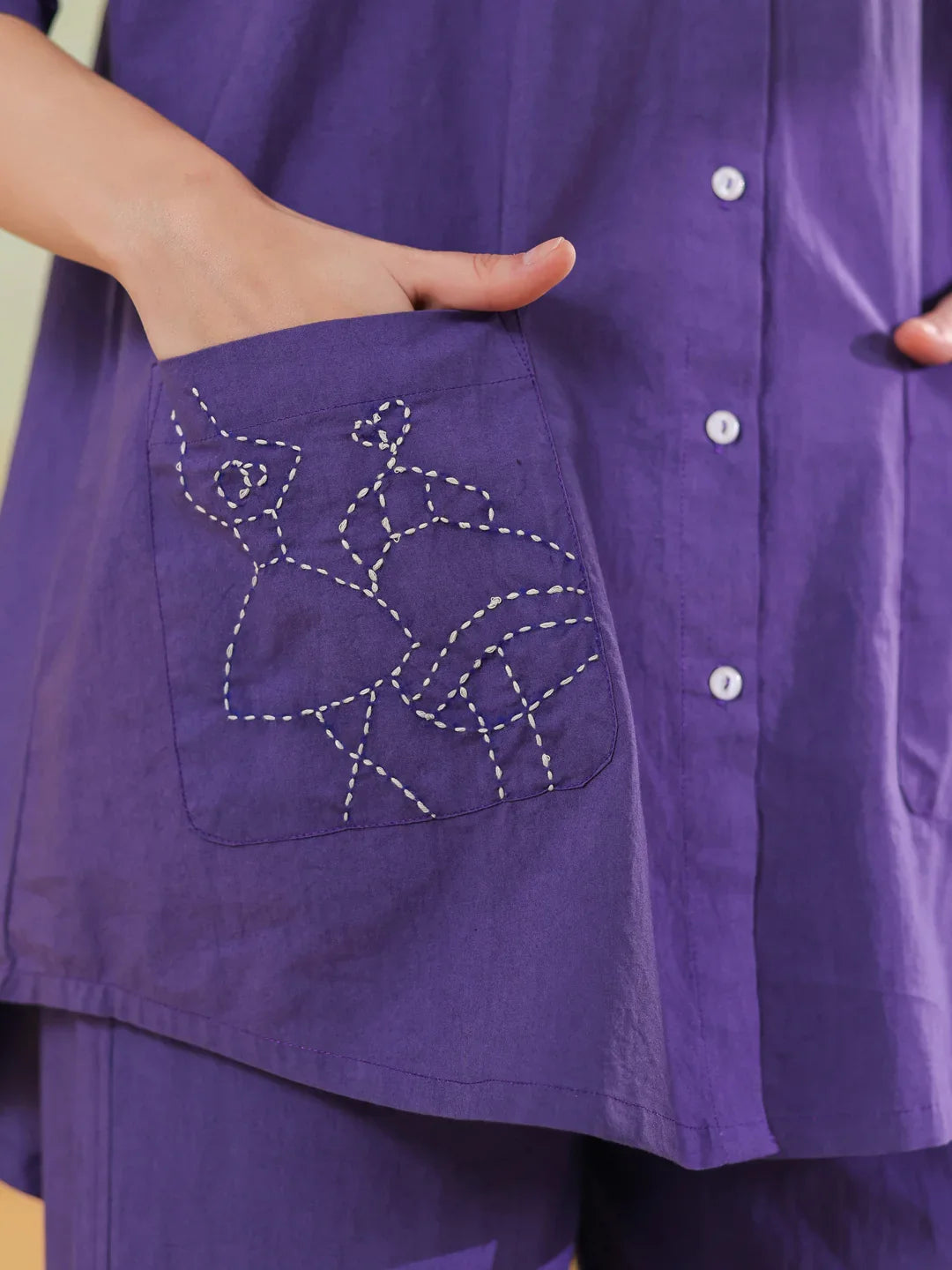 Purple Color Shirt Collar Pure Cotton Co-ords Set for Women - SanskrutiHomes
