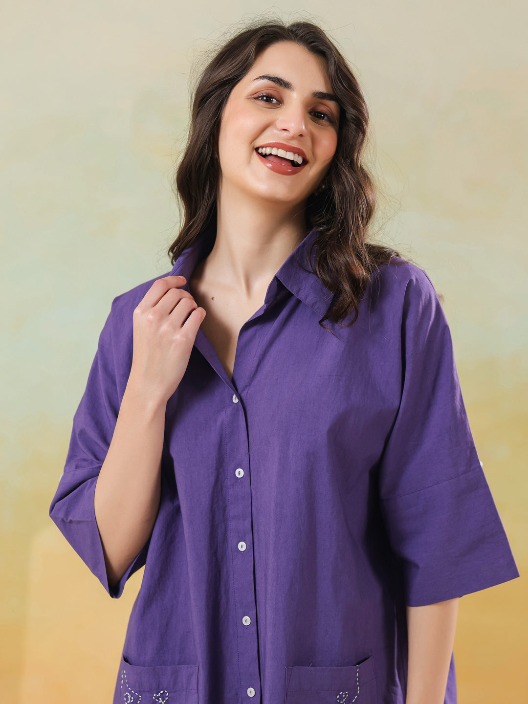 Purple Color Shirt Collar Pure Cotton Co-ords Set for Women